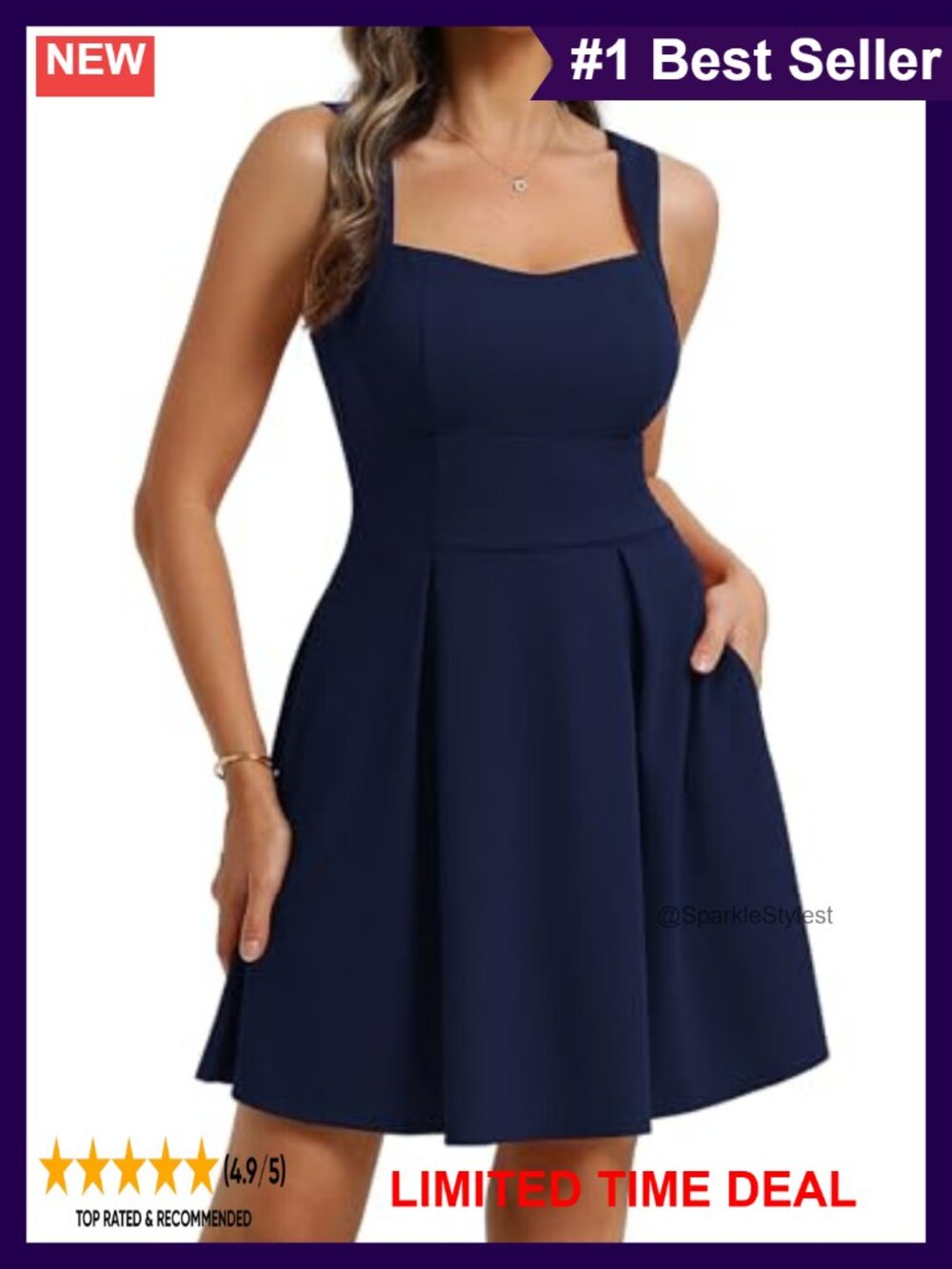 Square Neck A Line Mini Dress with Pockets Adjustable Straps